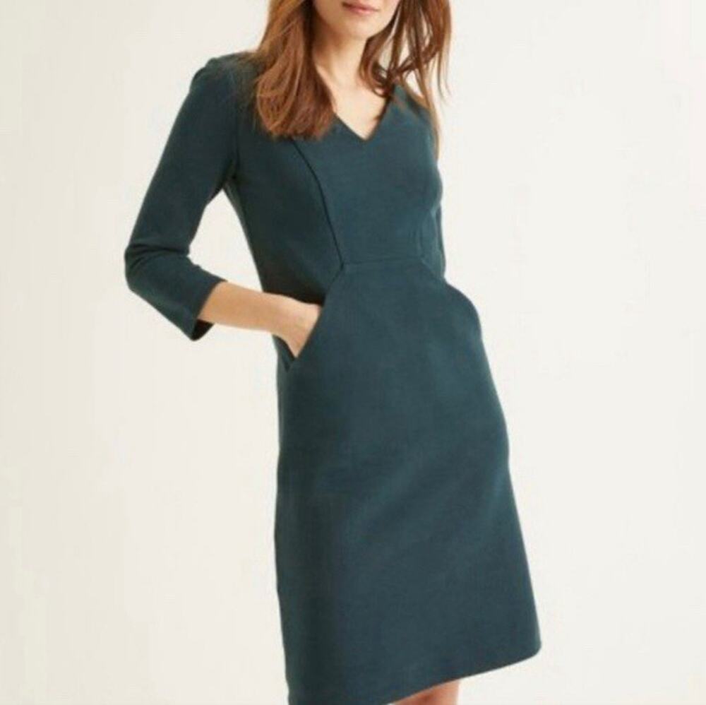 Boden Green Rib Sheath Ottoman Dress 4P Petite V-Neck 3/4 Sleeve Career Pockets